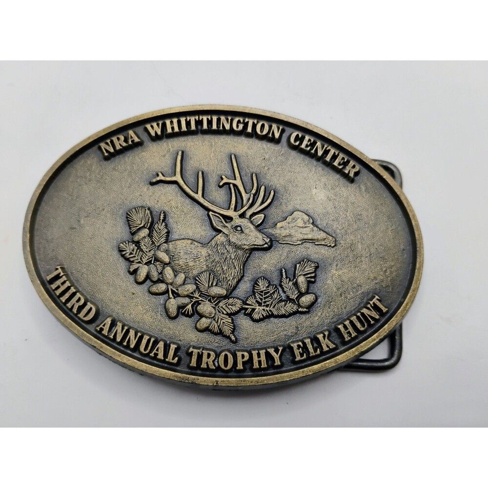 VINTAGE NRA WHITTINGTON CENTER THIRD ANNUAL TROPHY ELK HUNT METAL BELT BUCKLE